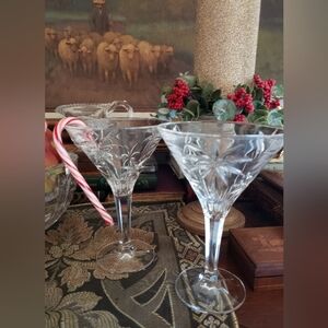 Martini Crystal Glasses, A Pair, Palm Tree Cuts, Not Used